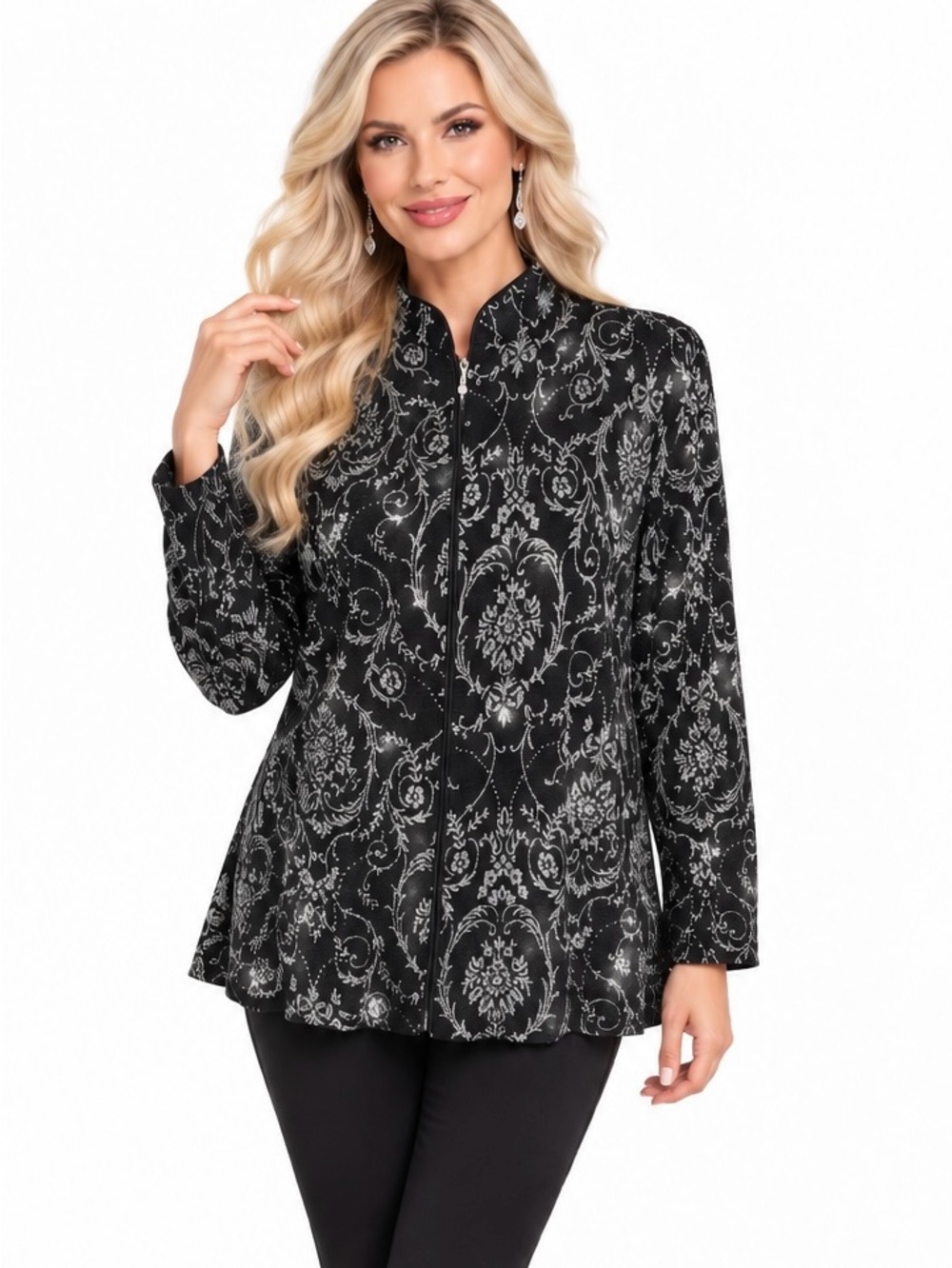 Jeanne Alexander Women’s 1X Black Silver Metallic Floral Zip Jacket Plus Size